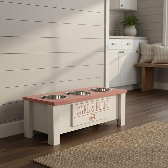 GTW Elevated 3 Bowl Dog Feeding Station - Customized Triple Stand for Medium Size Dog Breeds - Includes Storage & Stainless Steel Bowls (Medium, Pink)
