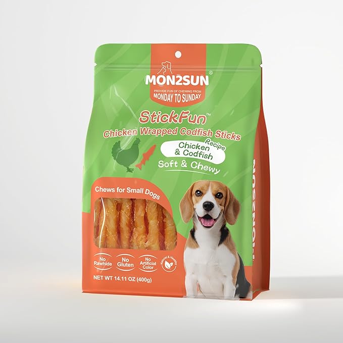 MON2SUN Rawhide Free Dog Treats Chicken Wrapped Cod Sticks for Small Dogs Healthy Training Treats Soft Snacks (14.11 Ounce -Pack of 1)