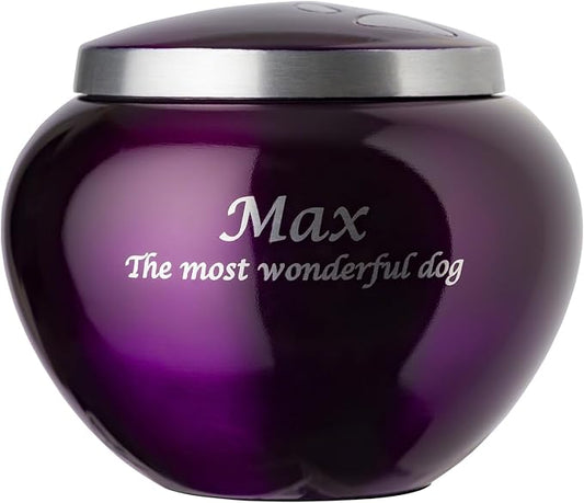 Mia Paws Premier Series Pet Urn for Dogs with Personalized Laser Engraving (Large - Pets up to 65 lbs, Deep Purple, Double Pewter Paws)