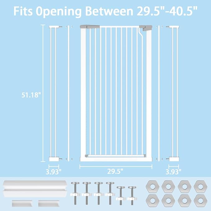 51.18" Extra Tall Pet Cat Gate for Doorway 29.5"- 40.5" Wide Auto Close Tall Dog Gate No Drilling Pressure Mounted for Hallway Kitchen,White