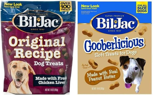 Bil-Jac Real Chicken Soft Treats for Dogs 2 Flavor Variety Bundle Original Recipe Liver Treats Gooberliscious Peanut Butter Flavor Treats, 10 Ounces Each (1 Bag of Each)