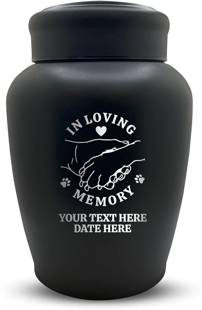 Personalized Custom Dog Urn Engraved Dog Name and Date - Stainless Steel Large Cremation Urn for Larger Dogs Ashes with Airtight Closure | 150 Cubic Inch Capacity | Hand and Paw - Holding