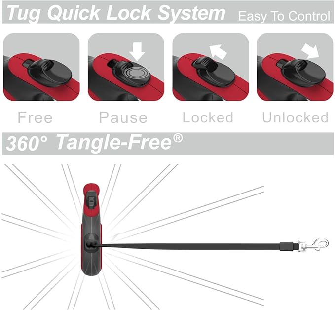 TUG 360° Tangle-Free Retractable Dog Leash with Anti-Slip Handle | 16 ft Strong Nylon Tape | One-Handed Brake, Pause, Lock (Medium, Red)