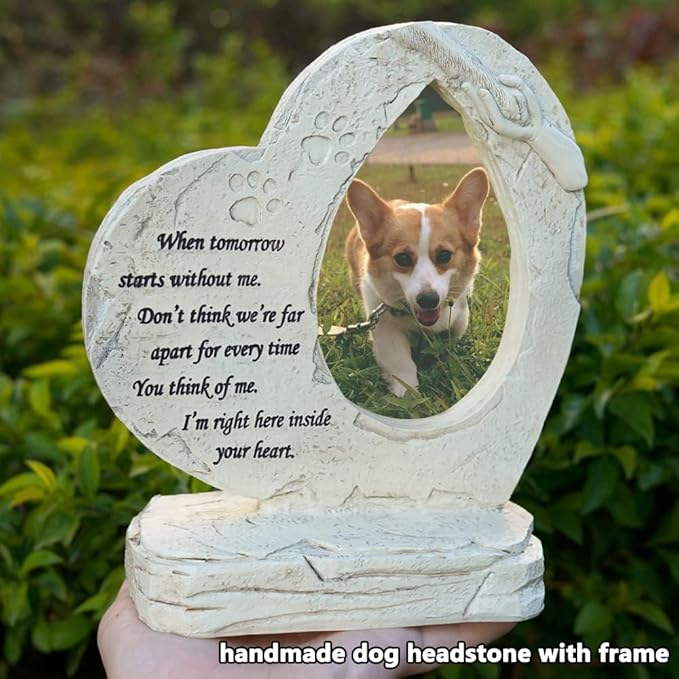 jinhuoba Heart Shaped Pet Memorial Stones for Dogs, Pet Dog HeadStones Grave Stones with Photo Frame, Loss of Pet Dog Sympathy Gifts Memorial Gifts Passing Away Gifts Outdoor or Indoor