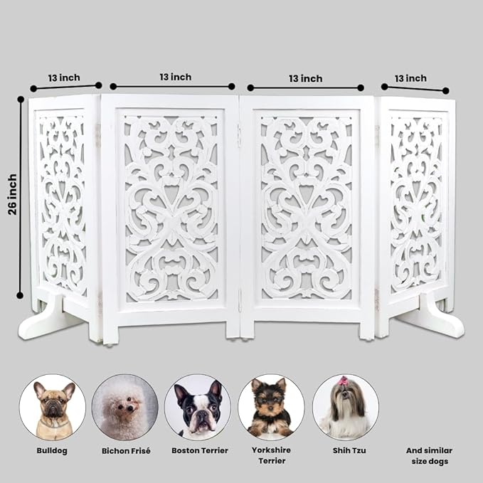 Decorative Wooden Pet Gate, Dog Fence, Cat Gate, Foldable, Adjustable, Portable, Extra-Wide, Wooden Dog Barrier, Free-Standing Puppy Gate 4 Panels for Indoor, Doorways, Stairs-26x52 Inch White Antique