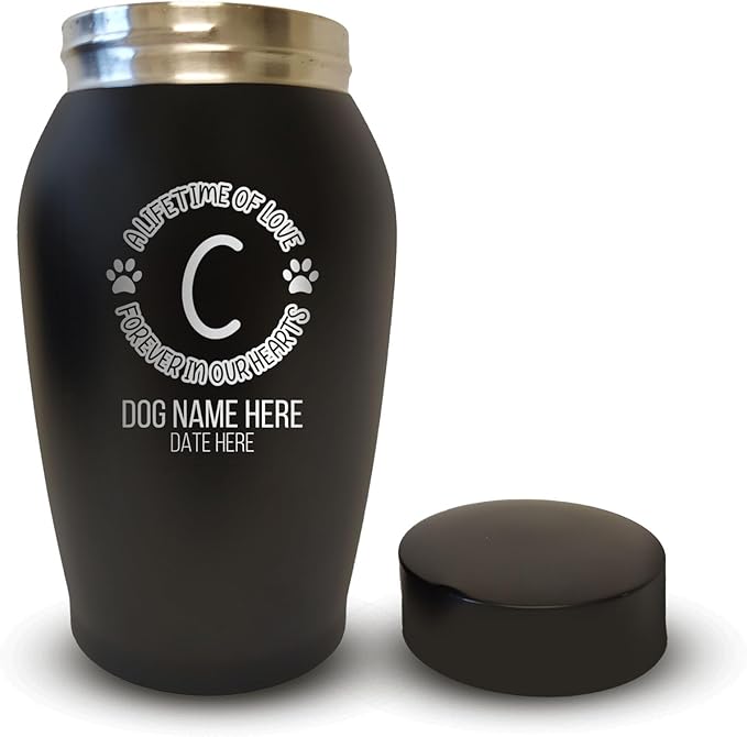 Custom Small Keepsake Urn Engraved with Pet Name, Date, and Dog Design - 5.2" Black Powder Coated Steel Cremation Urns for Dogs Ashes | 12-16 lb Capacity, Lifetime of Love