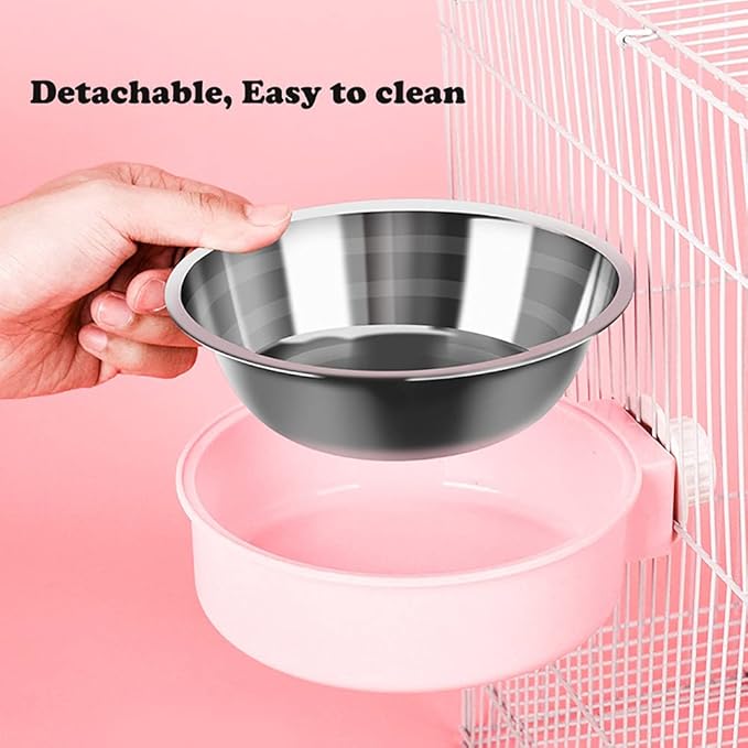 Love Dream Crate Dog Cat Bowls, Removable Stainless Steel Hanging Pet Cage Bowls Kennel, Food Water Feeder with Bolt for Puppy Birds 2 Pack with Silicone Sponge Dish Brush