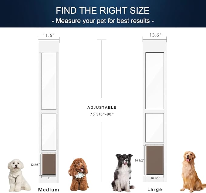 Dog Door for Sliding Glass Door, Adjustable Height 75 3/5" to 80", Aluminum Frame Sliding Glass Pet Door, Suitable for Medium Dogs Up to 30 lbs(Medium,White)