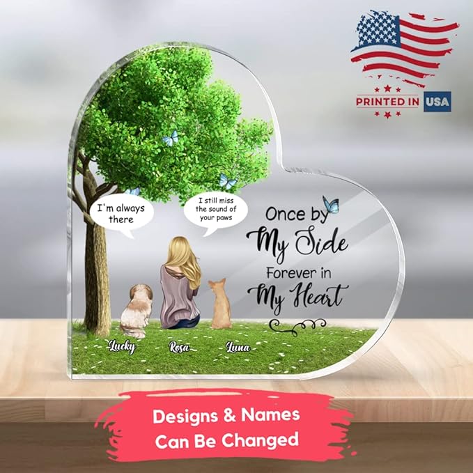 Gossby Personalized Heart-shaped Dog Memorial Acrylic Plaque - Custom Dog Remembrance Gift For Dog Mom With Design, Name - Dog Memorial Gift For Women Dog Lover - Forever In My Heart - Girl And 2 Dogs