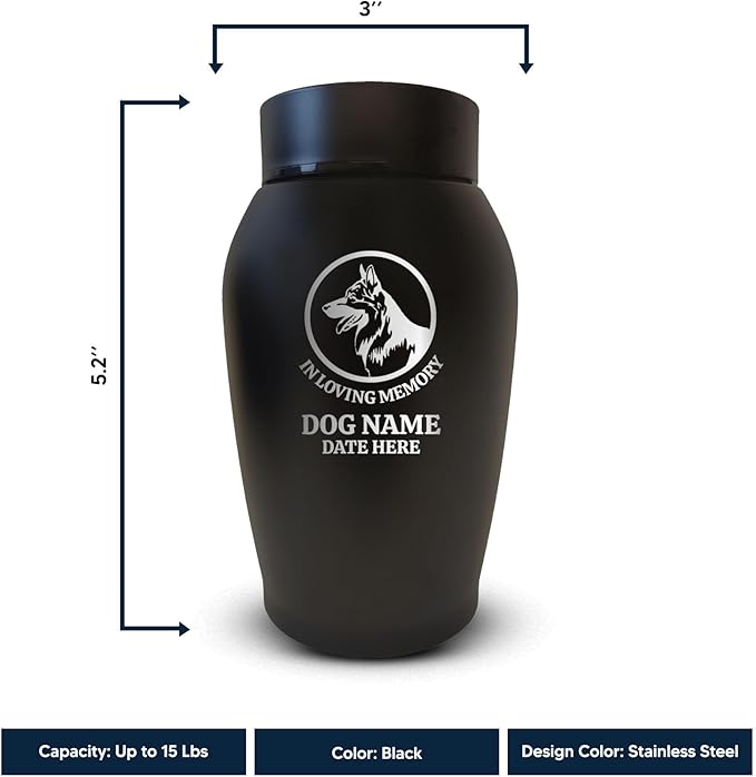 Personalized Custom Small Keepsake Urn Engraved with Pet Name, Date, and Dog Design - 5.2" Black Powder Coated Steel Cremation Urn for Dogs Ashes | 12-16 lb Capacity, German Shepperd Silhouette