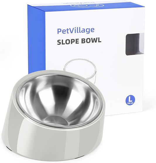 Tilted Dog Bowl Non-Slip & Non-Spill Pet Feeder with Elevated Detachable Melamine Stand, Easy to Get Food Dog Dish, L/300ml Gray