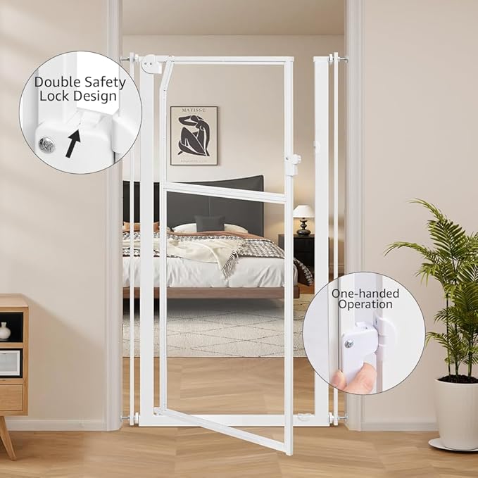 unipaws 56" Extra Tall Pet Gate, Clear Transparent Tall Cat Gate, 29.5-33.5" Wide No Drilling Pressure Mounted Dog Gate for Doorway, Hallway, Stairs, White