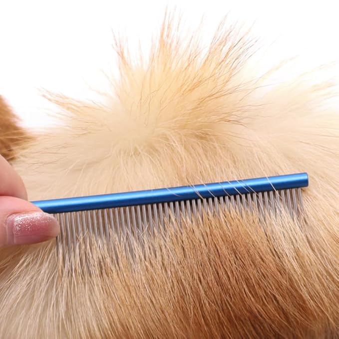 Professional Pet Grooming Comb, 7.2-Inch Stainless Steel Detangling Tool with Ergonomic Handle for Dogs and Cats, Long and Short Coats (Blue, Medium)