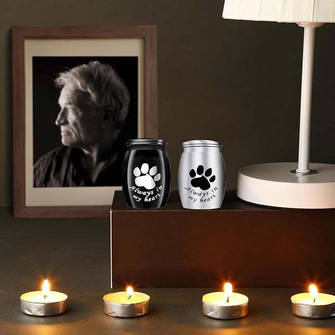 Small Keepsake Urns for Pet Ashes, 1.58 Inch Mini Cremation Urns for Ash with Paw Pattern,Stainless Steel Decorative Memorial Mini Funeral Urn for Ashes (Silver+Black, 1.58inch, Paw-2 Pack)