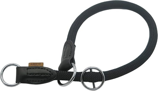 Braided Round Martingale Dog Collar, Training Collar with Slidable Stop Ring - Ideal for Large Dogs (L(1/2") - 22" Long, Black)
