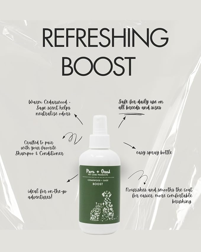 Refreshing Boost 8 oz - Nourishes Skin and Smoothes Coat, Deodorizing, Conditioning - Plant Based Fragrance Oils (Cedarwood + Sage)