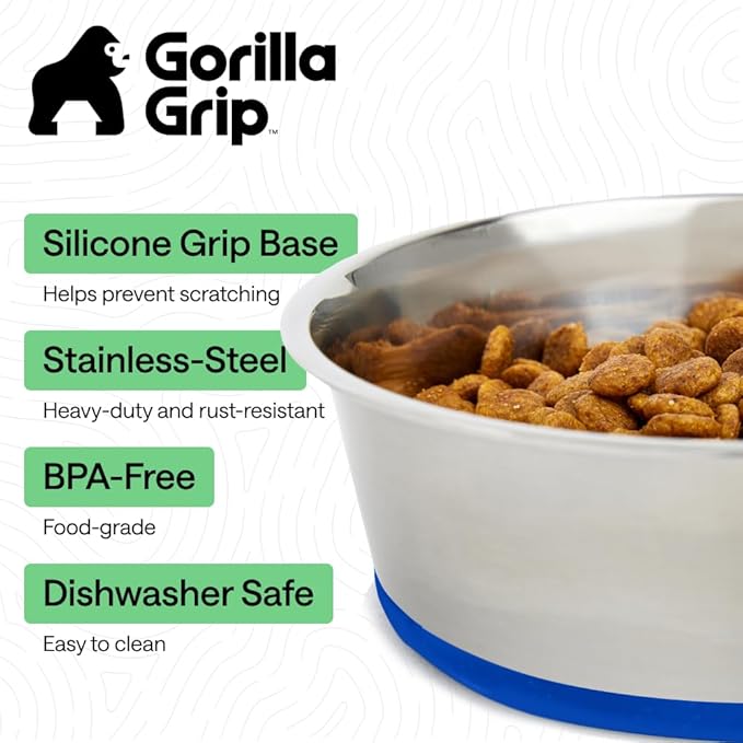 GORILLA GRIP Dog Bowls, Food Grade 304 Stainless Steel, Holds 4 Cups Each (32 fl oz) Food and Water Bowl for Feeding Dogs and Cats, Dishwasher Safe, Rust Resistant, BPA Free Rubber Base Set of 2 Blue