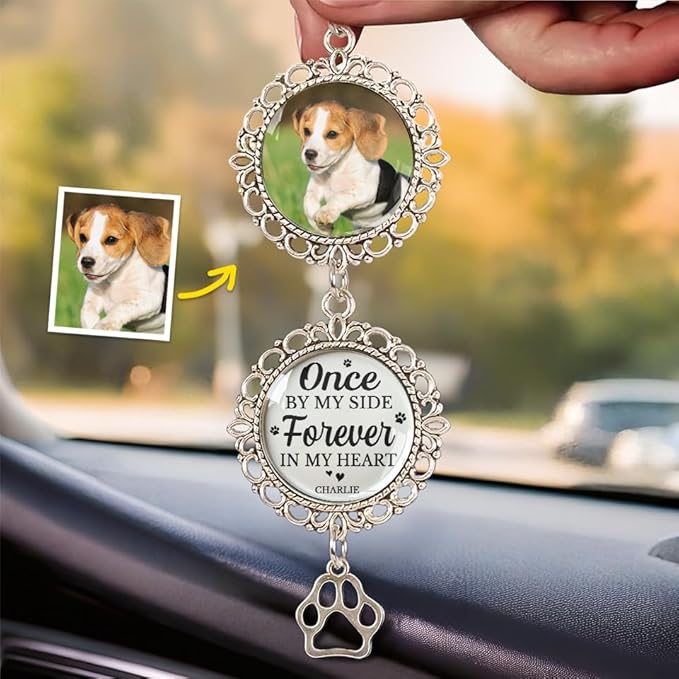 Custom Photo You Once By My Side, Personalized In Loving Memory Car Charm Ornament, Pet Memories Gifts For Dogs, Pet Loss Sympathy Gift, Remembrance Passing Away Gifts For Dog Lovers