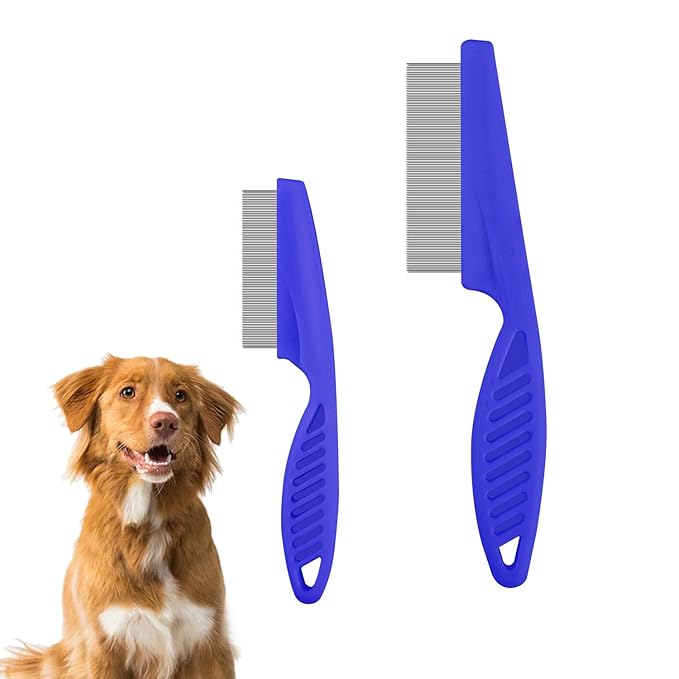 Pet Hair Comb, 2 in 1 Multifunctional Pet Hair Comb for Grooming and Dehairing, Flea and Tear Stain Removal, Stainless Steel and ABS Material, Pack of 2, Blue
