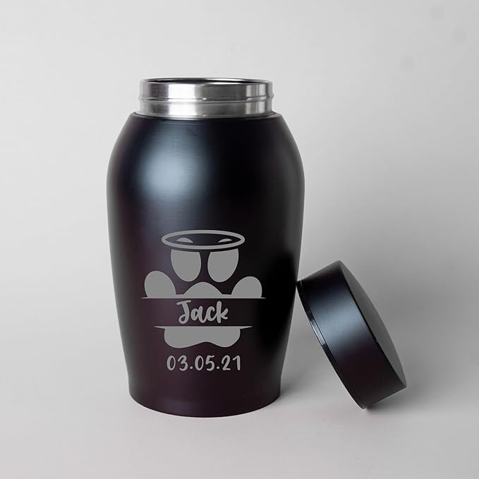 Personalized Cremation Keepsake Pet Ashes Urn Waterproof with Airtight Closure Customized Text Engraving Vase Container Memorial Dog Cat Funeral Decorative (Monogram paw with Halo)