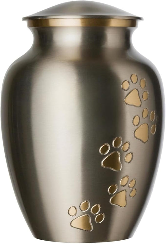 Ottillie Paws Legacy Series Pet Urn for Dogs and Cats, Handmade Brass Memorial Cremation Urn (Small - Pets up to 25 lbs, Pewter, Vertical Brass Paws)