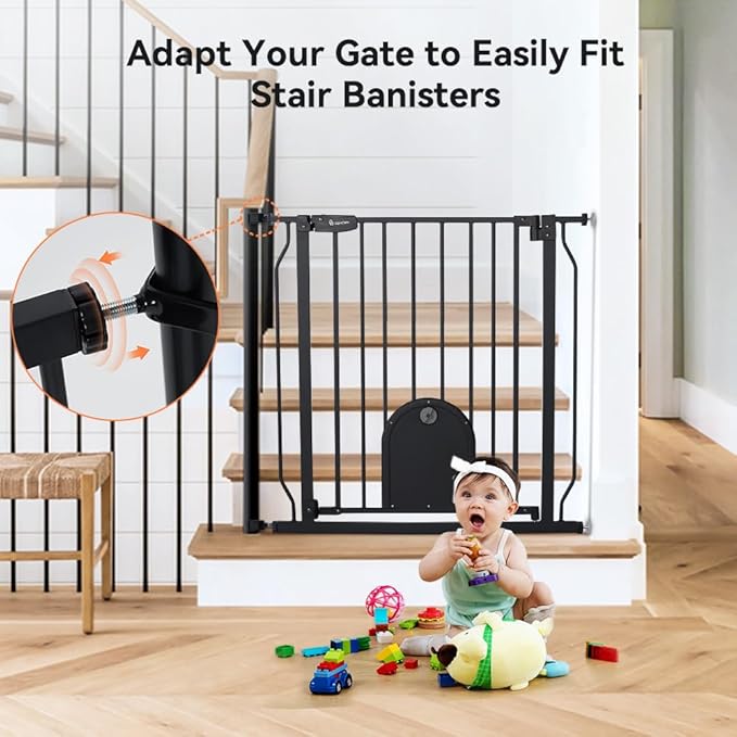 COMOMY 29.5-33.4" Baby Gate with Adjustable Cat Door,Extra Wide Metal Cat Gate for Stairs Doorways, Auto Close Dog Gate with Pet Door for House, Pressure Mounted Easy Walk Through (30" Tall, Black)