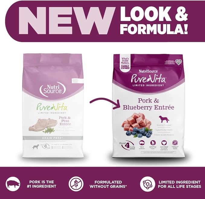 NutriSource Pure Vita Grain Free Pork & Blueberry Dog Food, 25LB