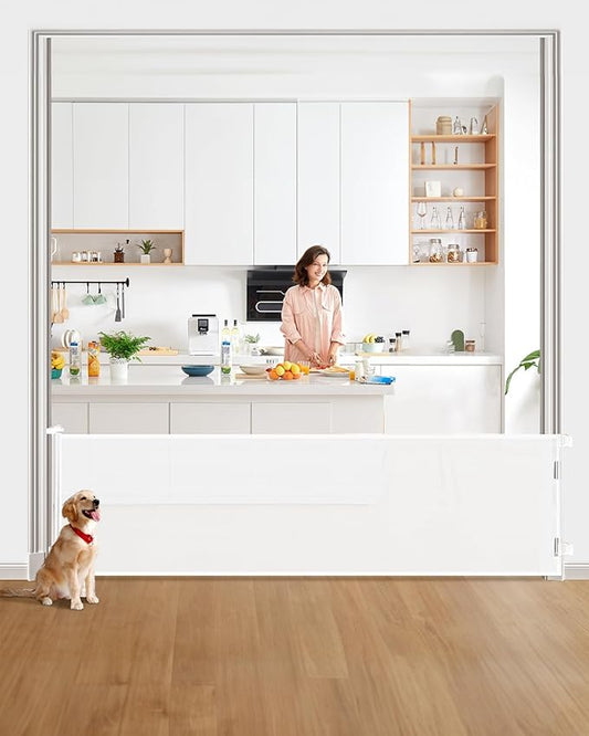 Retractable Baby Gate for Stairs – 33” Height, Expands up to 118” Width – Safety Gate for Infants, Toddlers, Dogs & Pets – Easy Install, Secure Closure, White Mesh Design for Indoor & Outdoor Use