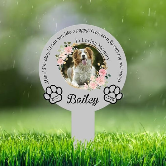Personalized Dog Memorial Stake Custom Dog Photo Mom I'm Okay Metal 8x8 inch Pet Grave Marker Pet Loss Gift Sympathy Gift (Style 24)