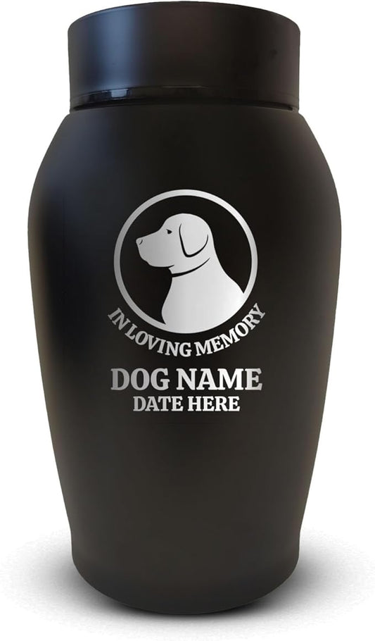 Personalized Custom Small Keepsake Urn Engraved with Pet Name, Date, and Dog Design - 5.2" Black Powder Coated Steel Cremation Urn for Dogs Ashes | 12-16 lb Capacity, Labrador Silhouette