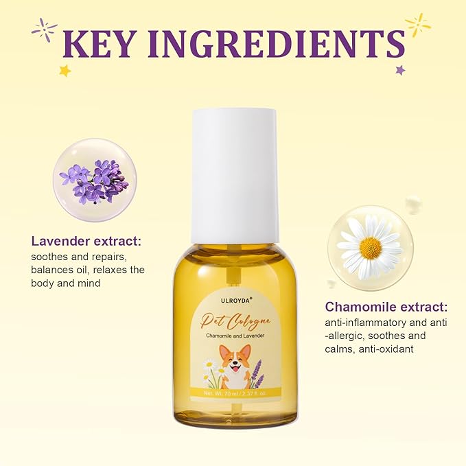Calming Pet Cologne Spray, Lavender & Chamomile Dog Perfume, Soothing Grooming for Dogs and Cats, Anxiety Relief, Alcohol-Free Sensitive Skin Formula, Between Baths Freshener, 2.37 fl oz