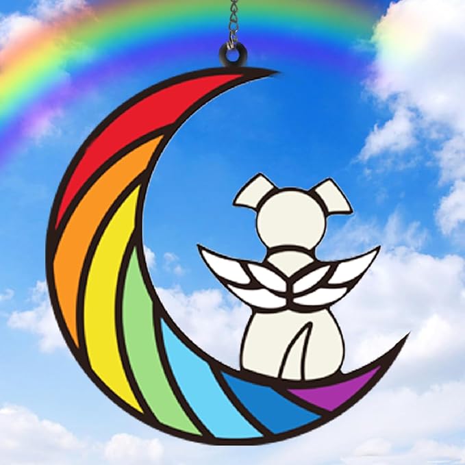 Dog Memorial Gifts for Loss of Dog Pet Sympathy Hanging Acrylic White Angel Dog on Rainbow Moon Dog Beverage Suncatcher Ornaments Decor Window Wall Sympathy Gift for Dog Lover