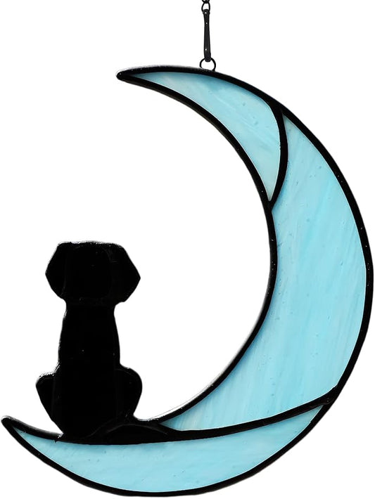 BOXCASA Loss of Dog Sympathy Gift,Stained Glass Dog on Moon Suncatcher Gifts,Black Dog Memorial Gifts for Pet Loss Gifts,Pet Sympathy Gifts for Dog Lovers