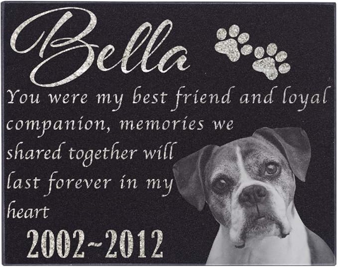 Personalized Granite Pet Memorial Stone w 'Your Pet Photo' Customized Tombstone - Loss of Pet Gift- Indoor Outdoor Dog or Cat for Garden Backyard 11" x 8.5" #13