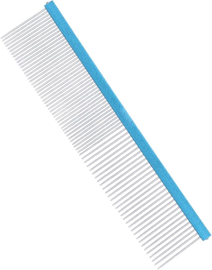 Pet Steel Comb Dogs and Cats, Professional Dog Grooming Comb For Shedding Tangles Knots, Pet Dematting Comb with Rounded Teeth and Non Slip Grip Handle for Long Haired Breeds(Blue 22cm/8.7in)