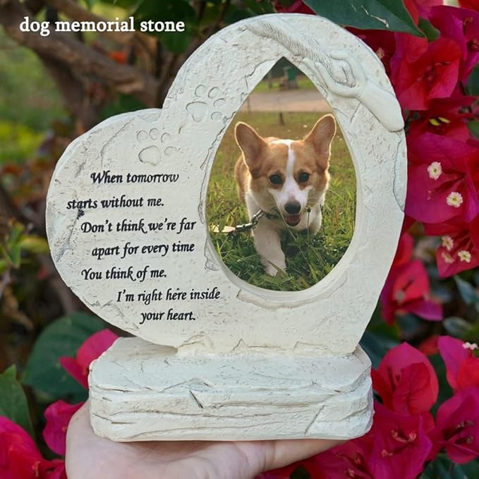 Heart Shaped Pet Dog Memorial Stones with Photo Frame, Pet Headstones Grave Stones for Dogs or Cats, Sympathy Pet Dog Memorial Gifts Remembrance Loss Gifts Outdoor or Indoor