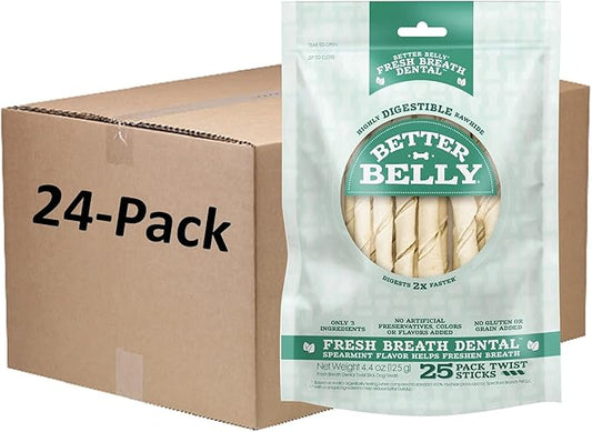 Better Belly Twists Fresh Breath, Digestible for Dogs (1 CASE of 24 Individual Packs of 4.4 OZ, Count of 25), P-94507-1