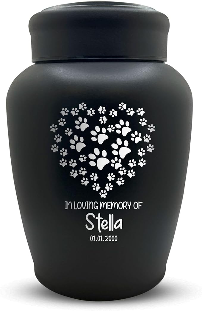 Personalized Custom Dog Urn Engraved Dog Name and Date - Stainless Steel Large Cremation Urns for Large Dog's Ashes with Airtight Closure | 150 Cu in. Capacity | Paw Print Heart