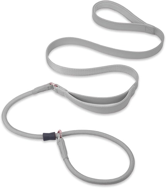 Slip Lead Dog Leash, Double Handle, Soft Leather, Heavy Duty Nylon, No Pull Walking, Grey, 5ft