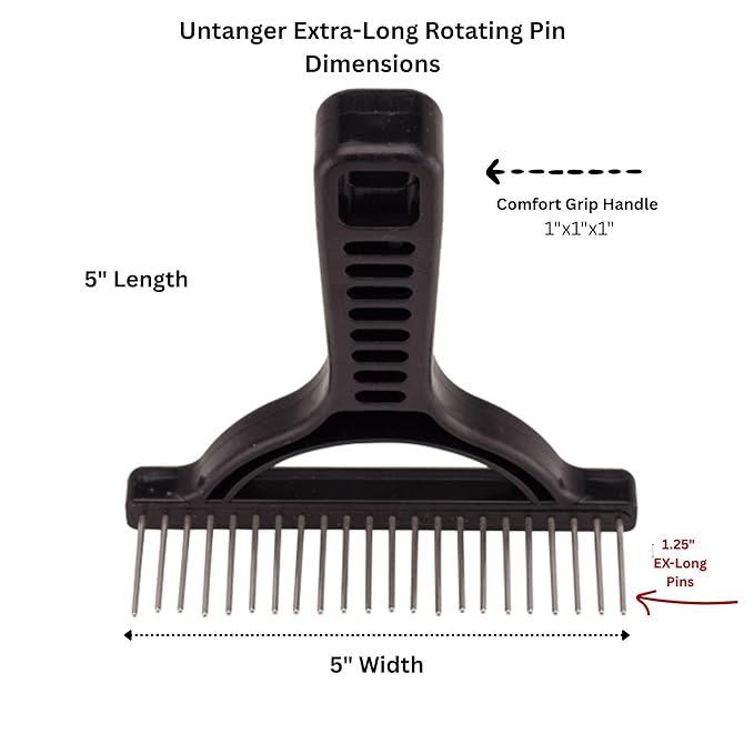 The Untangler Rakes for Grooming and Shedding -silky smooth rotating teeth to easily collect loose hair (Black, Extra-Long)