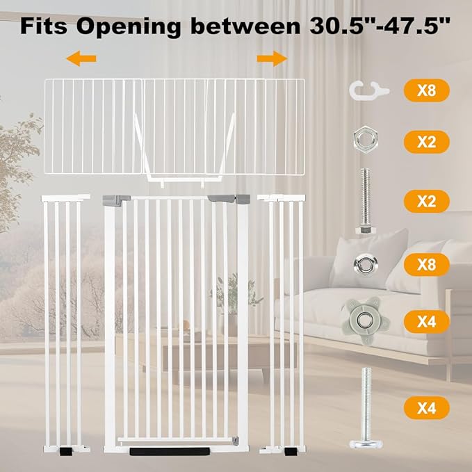 68" Extra Tall Cat Gate, Fits 30.5"-47.5" Wide Opening with 2.75" and 5.5" and 8.25" Extension Kits, Extra Narrow Gap, No Drilling Pressure Mount Auto Close Safety Gate, White