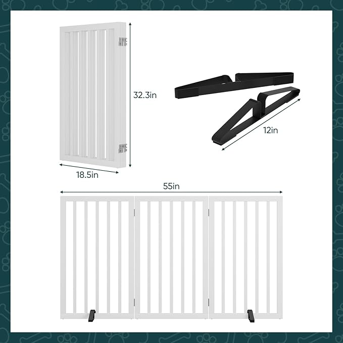 Semiocthome Freestanding Dog Gate 32" Tall, 3-Panel Foldable Dog Gates for Doorways Stairs House, Pet Gate Indoor with 2 Metal Stands, White