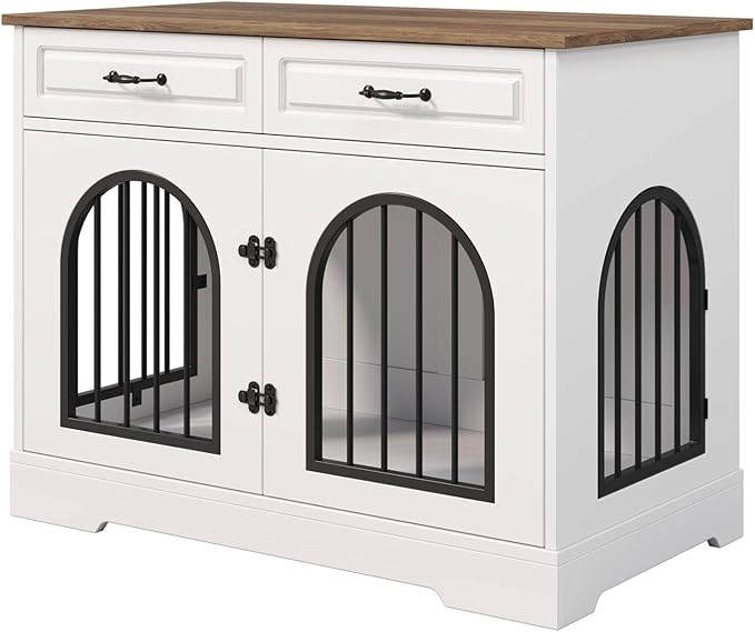 43.3" XL Dog Crate Furniture for Small and Medium Dog, Heavy Duty Indoor Dog Kennel with 2 Storage Drawers, Wooden Decorative Dog Cage with Side Doors, End Table Dog Crate, White