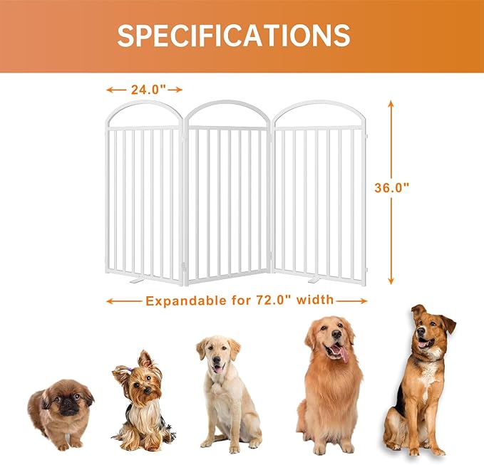 3 Panles Full Matel Freestanding Dog Gates, 72" Extra Wide 36" Tall Free Standing Dog Pet Gate for Indoor & Outdoor. Foldable Pet Fences for Doorways, House, Stairs, Porch, Deck, Yard