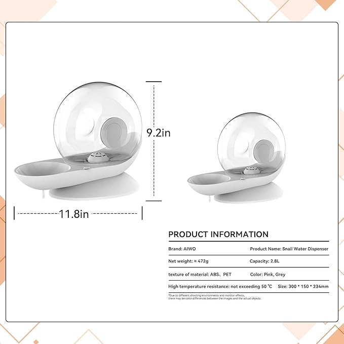 Cat Dog Water Dispenser Automatic Water Drinking Fountain for Small or Medium Size Dogs Cats Easy to Clean Snail Shape 2.8L （Grey）