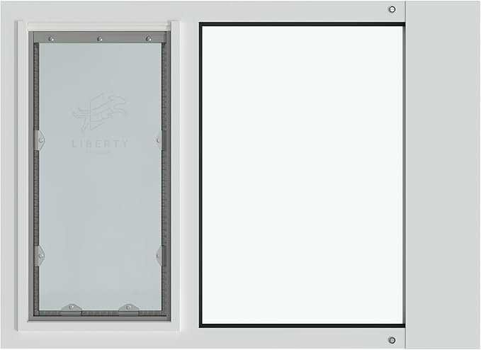 Liberty Pet Door Panel for Sash Windows | Durable Aluminum Frame with Closing Cover | Energy Efficient Safety Glass | White, Large Flap, 41" - 42.5" Width