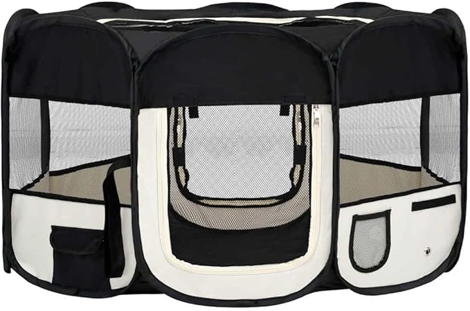 vidaXL Dog Playpen Black and Cream Polyester Foldable Dog Playpen