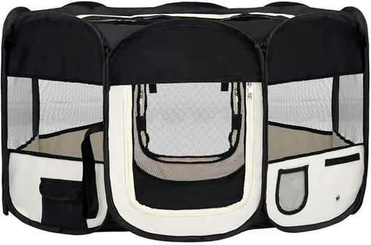 vidaXL Dog Playpen Black and Cream Polyester Foldable Dog Playpen
