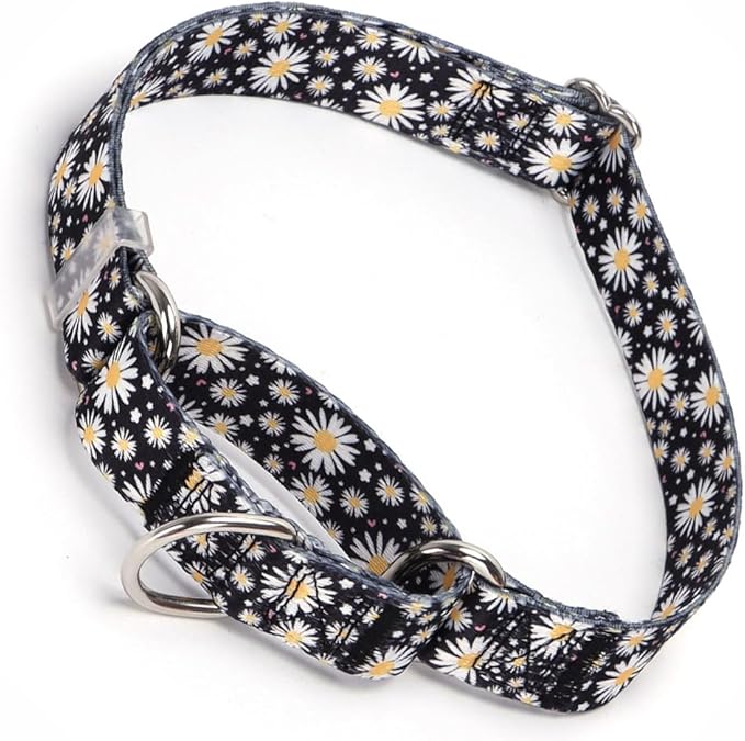 Black Martingale Collars for Dogs, Daisy Print No-Slip Escape Proof Choke No Pull Soft Nylon Training Dog Collars for Small Medium Large Breed Pet Dogs, M