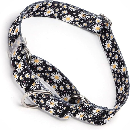 Black Martingale Collars for Dogs, Daisy Print No-Slip Escape Proof Choke No Pull Soft Nylon Training Dog Collars for Small Medium Large Breed Pet Dogs, S